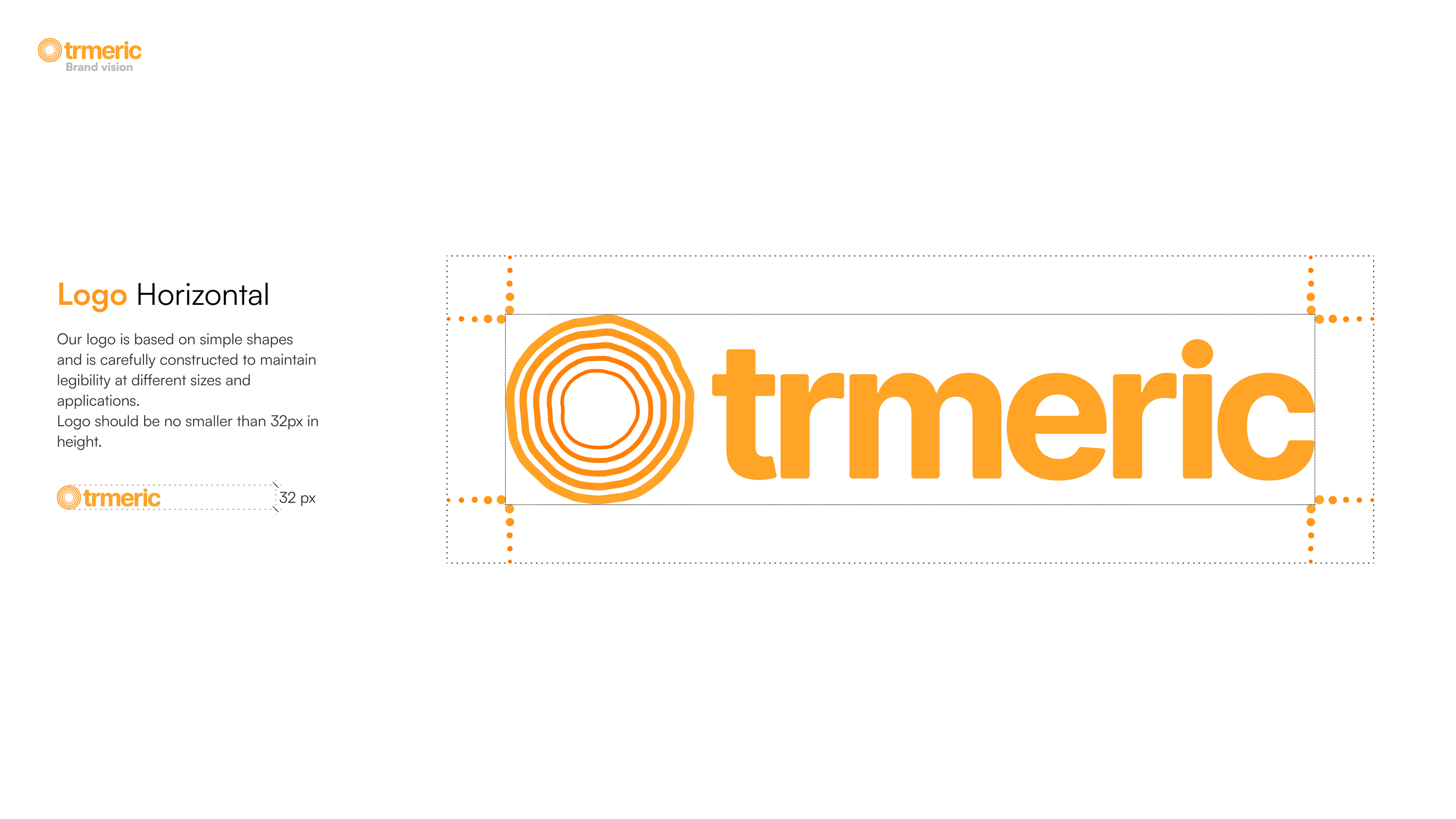 Logo horizontal lockup with clearspace rules, minimum size 32px height, construction based on simple geometric shapes
