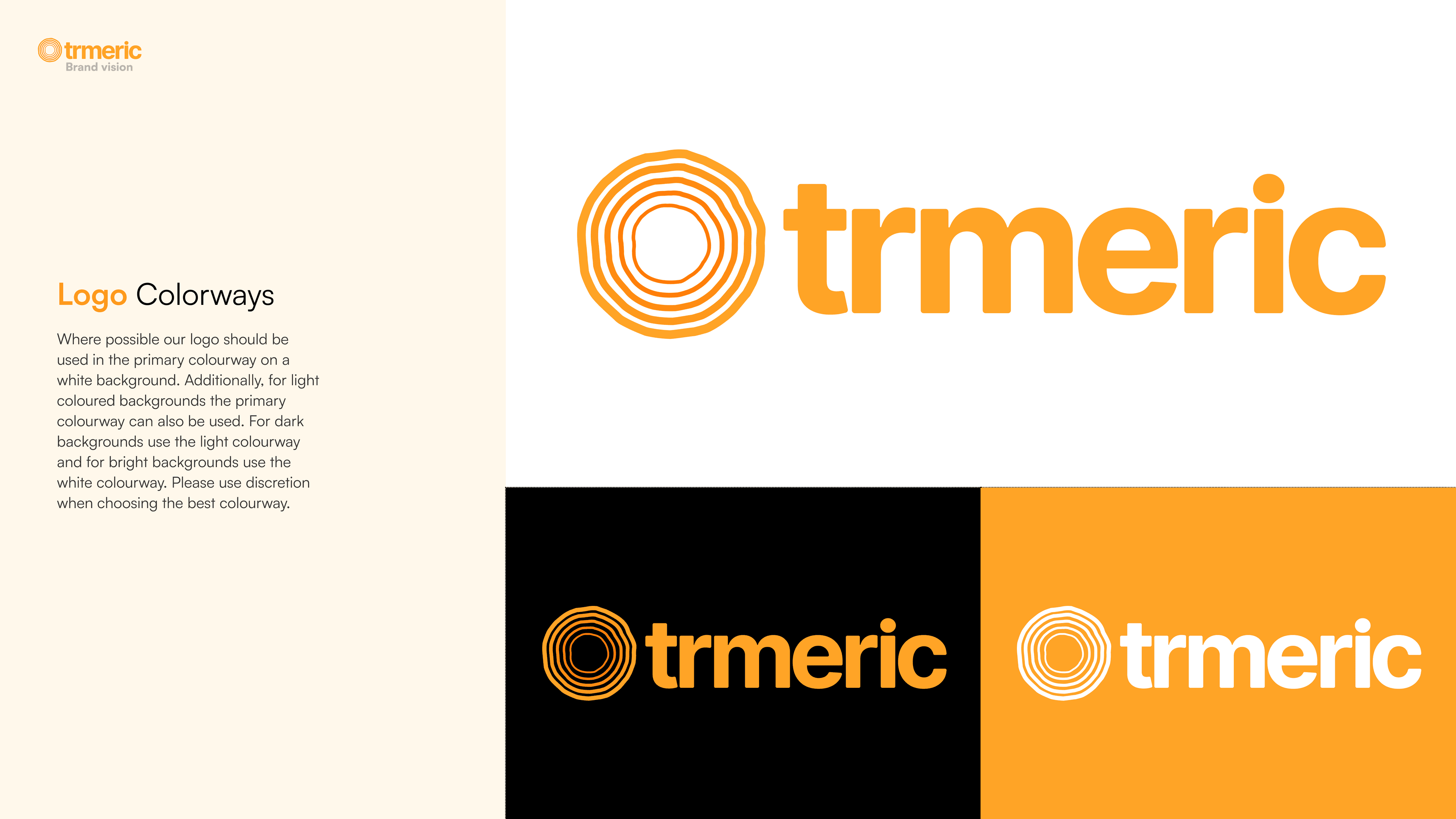 Logo colorways, primary on white, reversed on dark background, reversed on amber background
