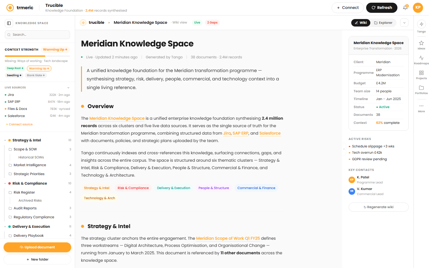 Trucible, dual-mode enterprise knowledge OS showing Wiki and Explorer views with qualitative context strength tiers
