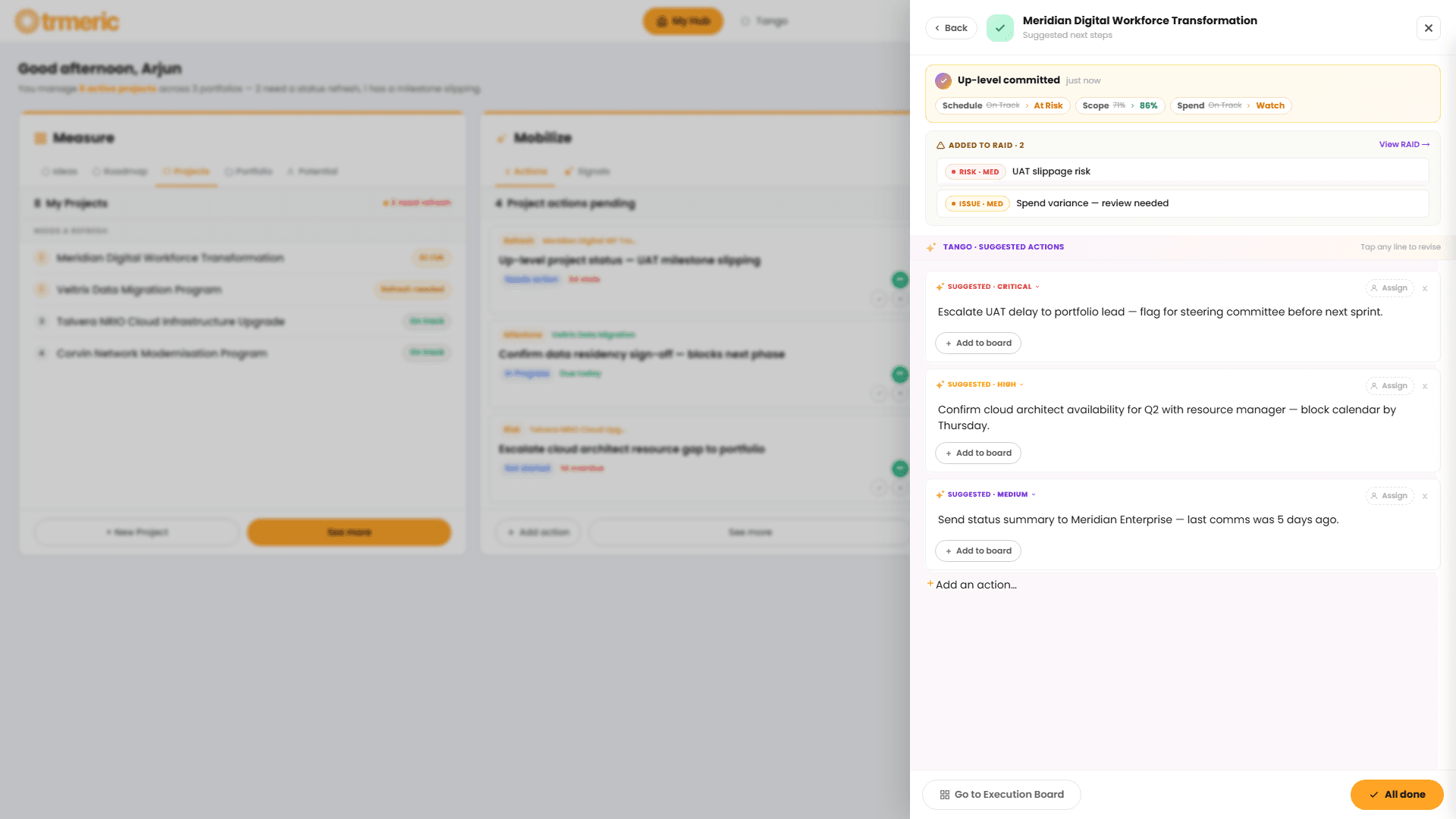 Toast notification confirming Up-level committed, health cards updated, one RAID item added, with the change appearing as a Just updated entry in the project activity feed