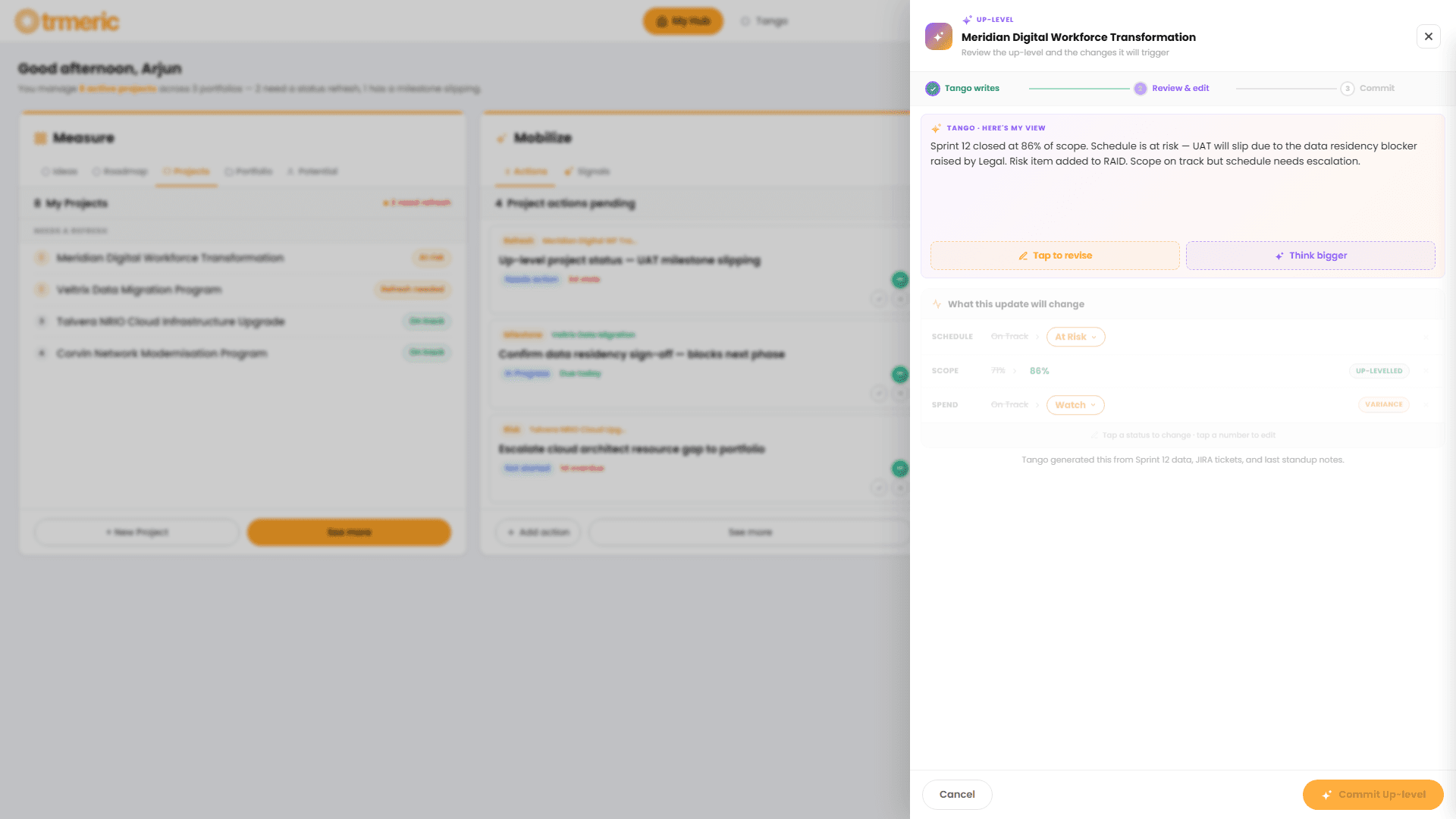 Confirmation banner showing Up-levelled from grid with before-and-after values for Schedule, Scope, and Spend, plus an automatically logged RAID assumption