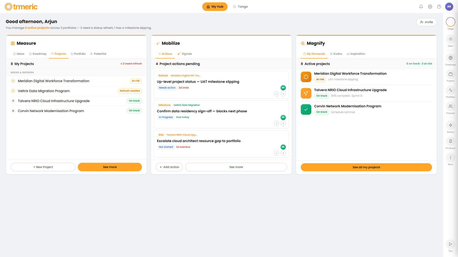 Projects grid with Tango insights panel surfacing stale and blocked projects, each with an Up-level button, plus a bulk Up-level all with Tango action